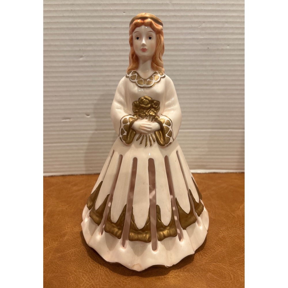 Vintage Lillian Vernon Ceramic Angel Lady Napkin Holder White Gold Trim Retro 9"